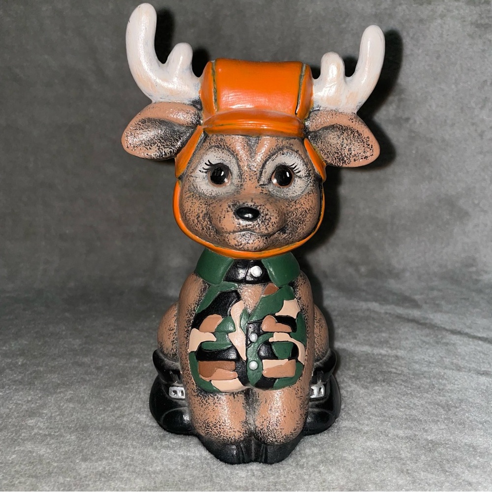 SEO Title: Vintage Ceramic Camo Hunting Deer Figurine Orange Accents Home Decor